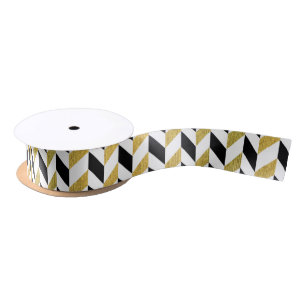 White, Black and Golden Chevron Pattern Satin Ribbon