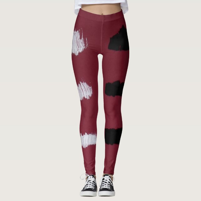 white, black and red designed leggings. leggings (Front)