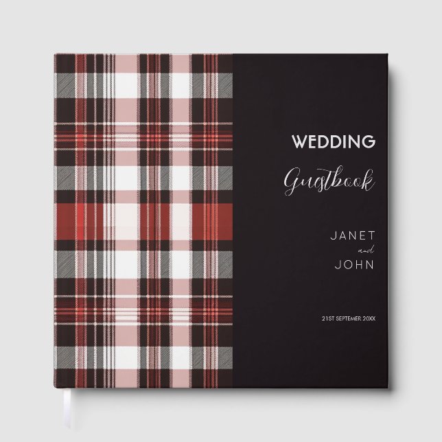 White, Black and Red Scottish Tartan Wedding  Guest Book (Front)