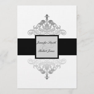 White Black and Silver Damask Wedding Invitation