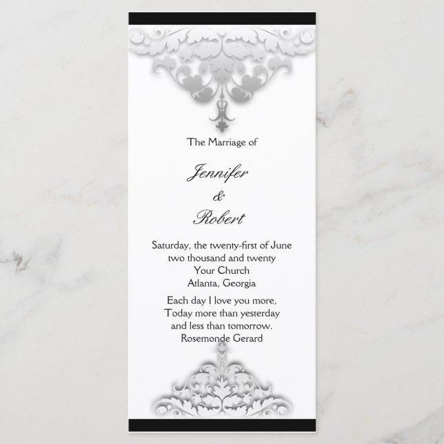 White Black and Silver Damask Wedding Program Programme (Front)