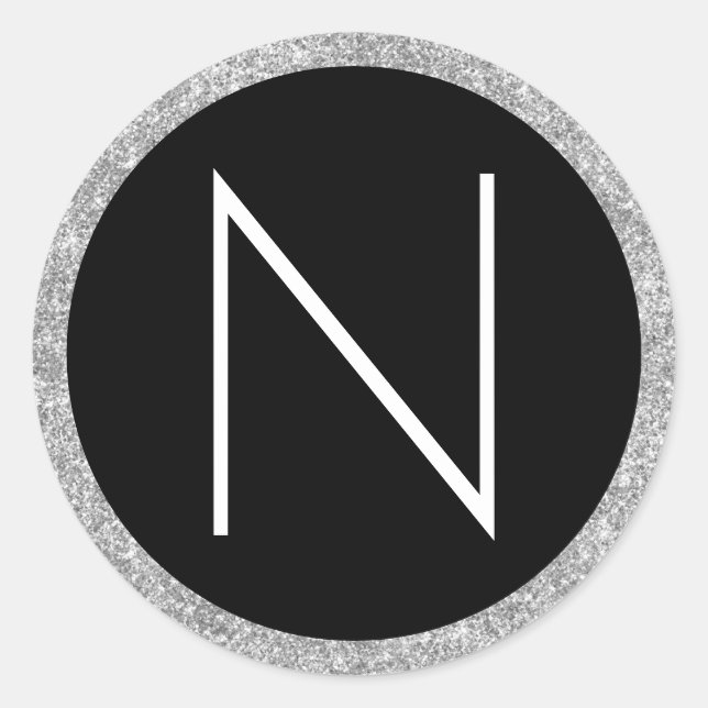 White Black and Silver Glitter Monogram Classic Round Sticker (Front)