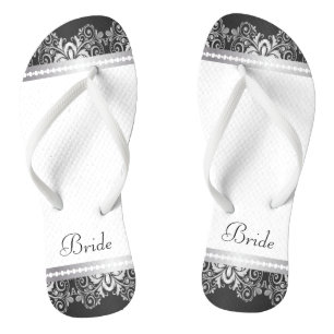 White, Black and Silver Lace   Wedding Party Flip Flops