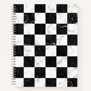 White Black and Silver Marble Chequerboard Notebook