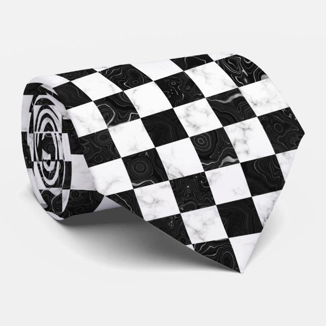 White Black and Silver Marble Chequerboard Tie (Rolled)