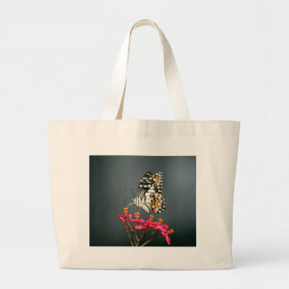 White Black and Yellow Butterfly on Pink Flowers Large Tote Bag