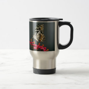 White Black and Yellow Butterfly on Pink Flowers Travel Mug