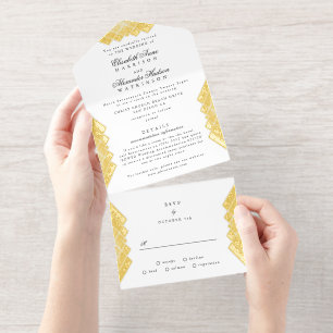 White Black Antique Gold Foil Deco Wedding All In One Invitation