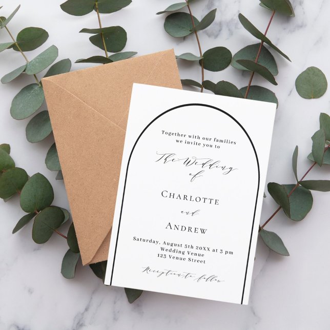 White black arch modern script luxury wedding invitation (Creator Uploaded)