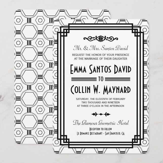 White & Black Art Deco Wedding Invitations (Front/Back)
