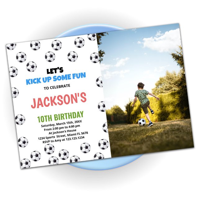 White Black Balls Soccer Birthday With Photo Invitation (Creator Uploaded)