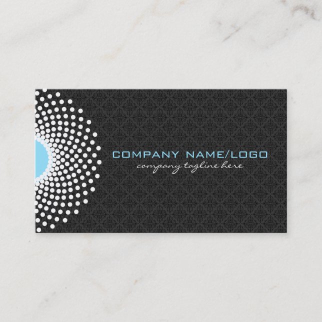 White Black & Blue Ornate Circle & Dots Mandala Business Card (Front)