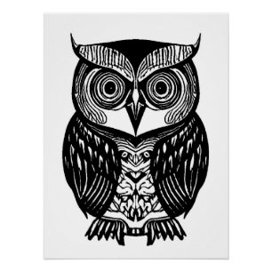 White Black Boho Owl Glossy Poster