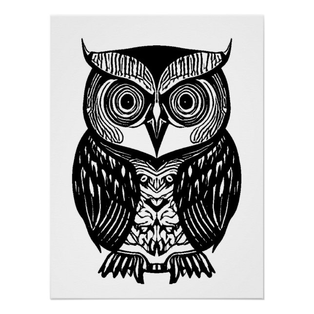 White Black Boho Owl Glossy Poster (Front)