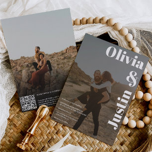 White black bold names 2 photos Qr code wedding Invitation