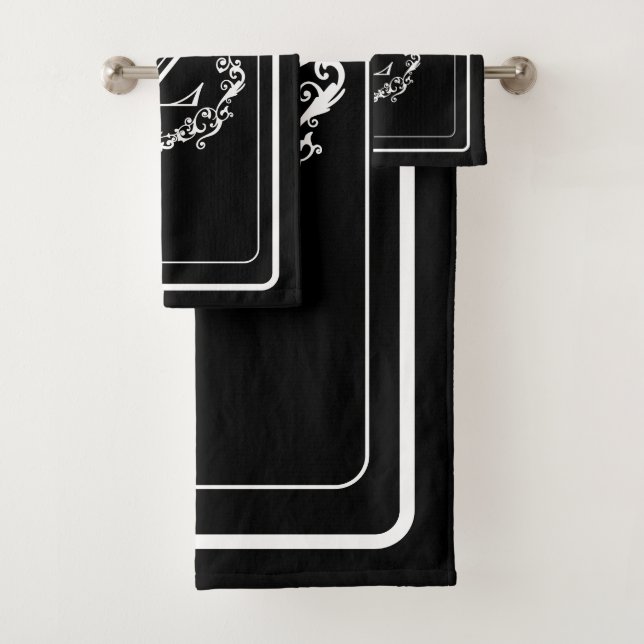 White Black Border Design Monogram Letter Bath Towel Set (Insitu)