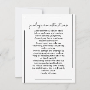 White Black Border Logo Jewellery Care Instruction Card