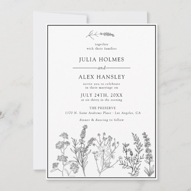White Black Botanical Wedding Invitation (Front)