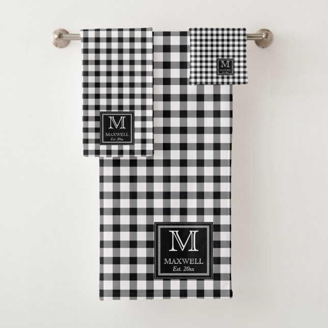 White Black Buffalo Check Pattern Monogram Name Yr Bath Towel Set (Insitu)