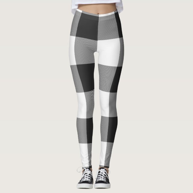 White Black Buffalo Check Plaid Pattern Leggings (Front)