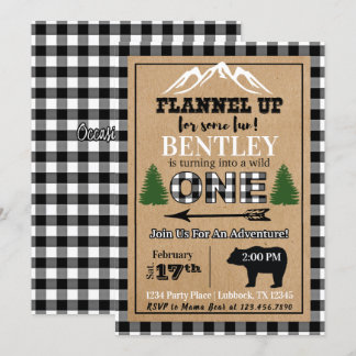 White Black Buffalo Plaid 1st Birthday Invitation