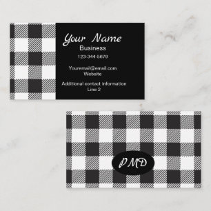 White Black Buffalo Plaid Check Monogram Business Card