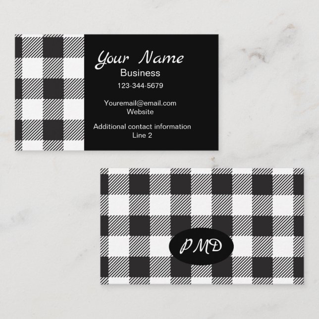 White Black Buffalo Plaid Check Monogram Business Card (Front/Back)