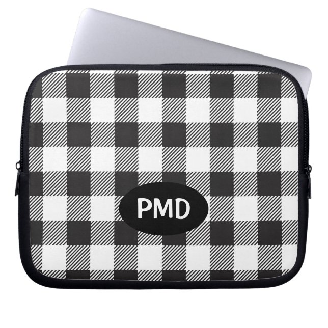 White Black Buffalo Plaid Check Monogram Initials Laptop Sleeve (Front)