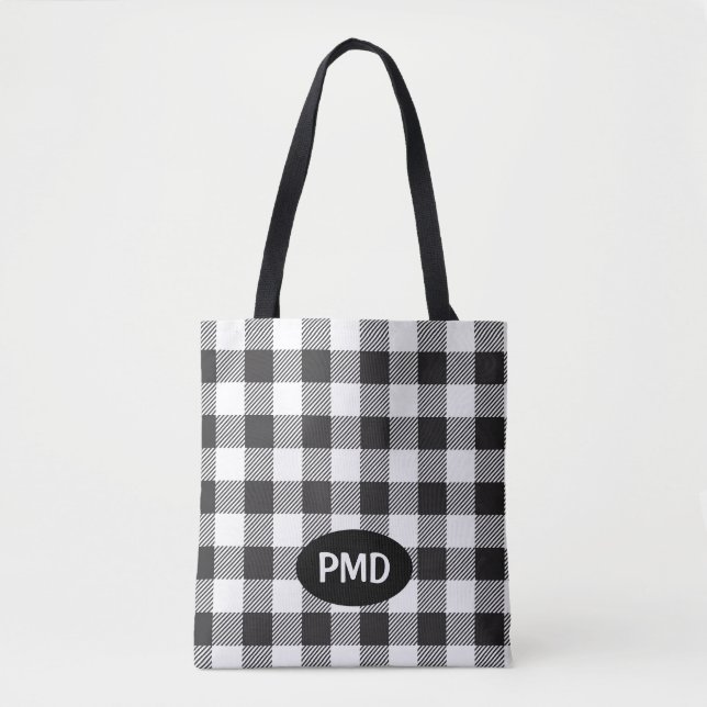 White Black Buffalo Plaid Check Monogram Initials Tote Bag (Front)