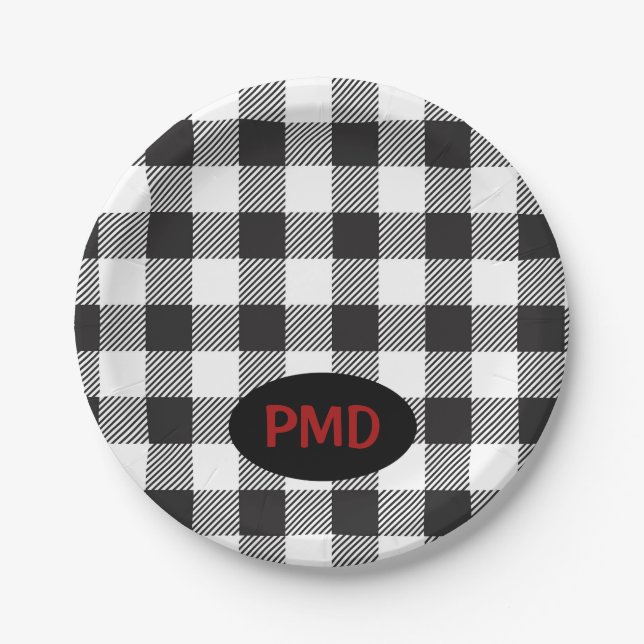 White Black Buffalo Plaid Monogram Initials Paper Plate (Front)