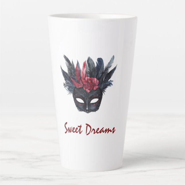 White Black Burgundy Red Feathers Mask Latte Mug (Front)