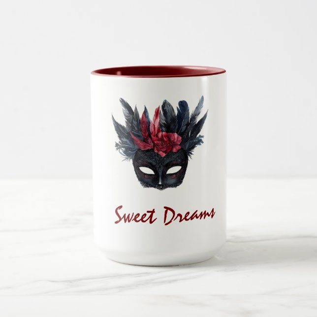 White Black Burgundy Red Feathers Mask Mug (Center)