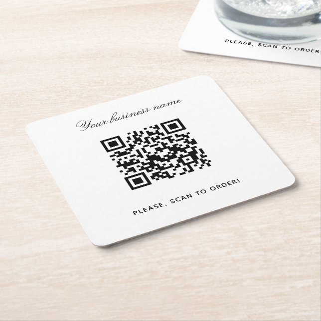 White black business name qr code square paper coaster (Angled)