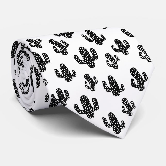 White black cactus seamless pattern tie (Rolled)