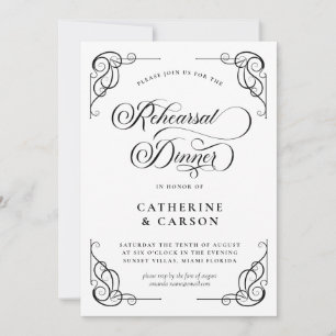 White & Black Calligraphy Script Rehearsal Dinner Invitation