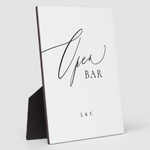 White Black Calligraphy Wedding OPEN Bar Sign Plaque