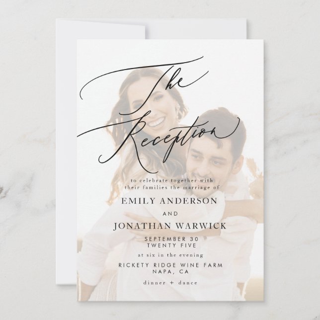 White Black Calligraphy Wedding Reception Photo Invitation (Front)