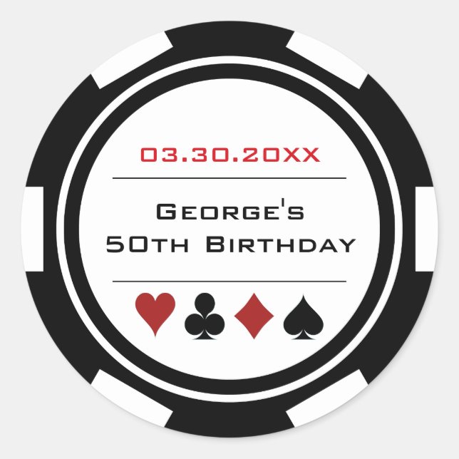 White Black Casino Poker Chip Birthday Classic Round Sticker (Front)