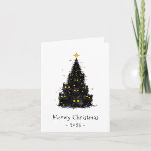 White Black Cat Meowy Christmas Tree Holiday Card
