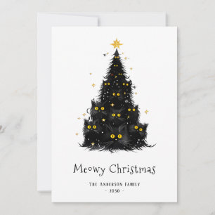 White Black Cat Meowy Christmas Tree Holiday Card