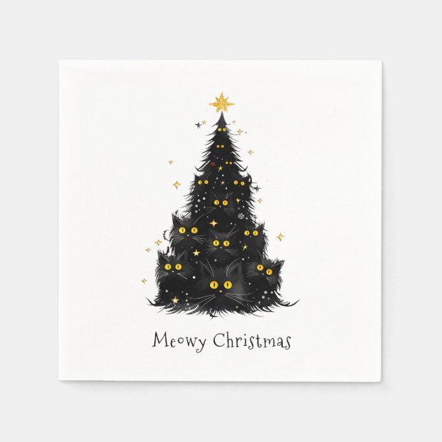 White Black Cat Meowy Christmas Tree Napkin (Front)