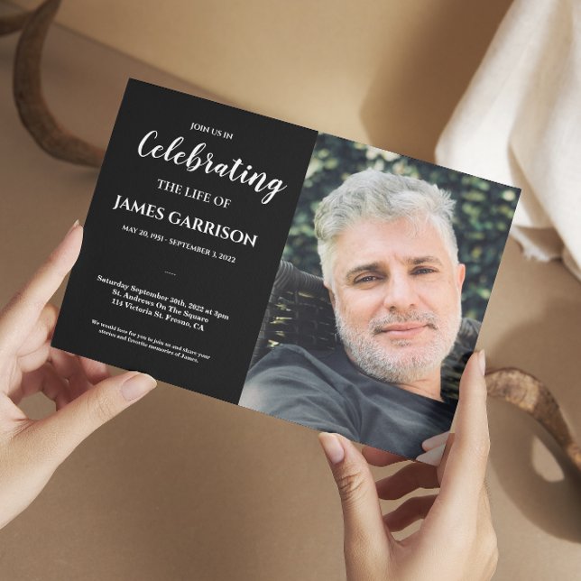 White Black Celebration of Life With Photo Funeral Invitation (Creator Uploaded)