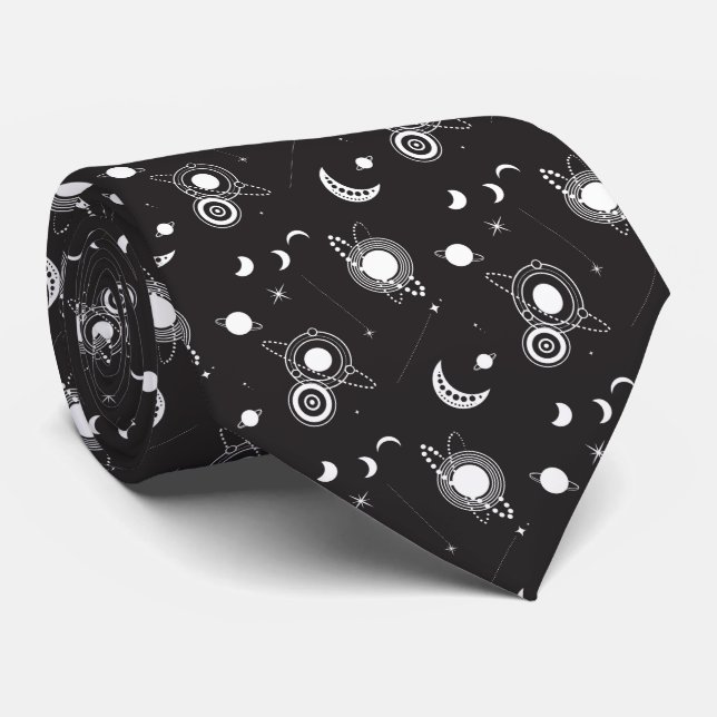White black celestial sun moon galaxy pattern tie (Rolled)