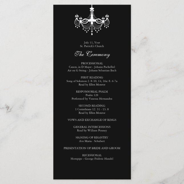 White & Black Chandelier Wedding Program Programme (Front)