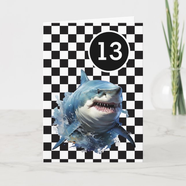 White Black Chequered Shark 13th Birthday Card (Front)