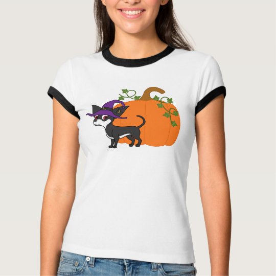 White & Black Chihuahua with Halloween Pumpkin T-Shirt