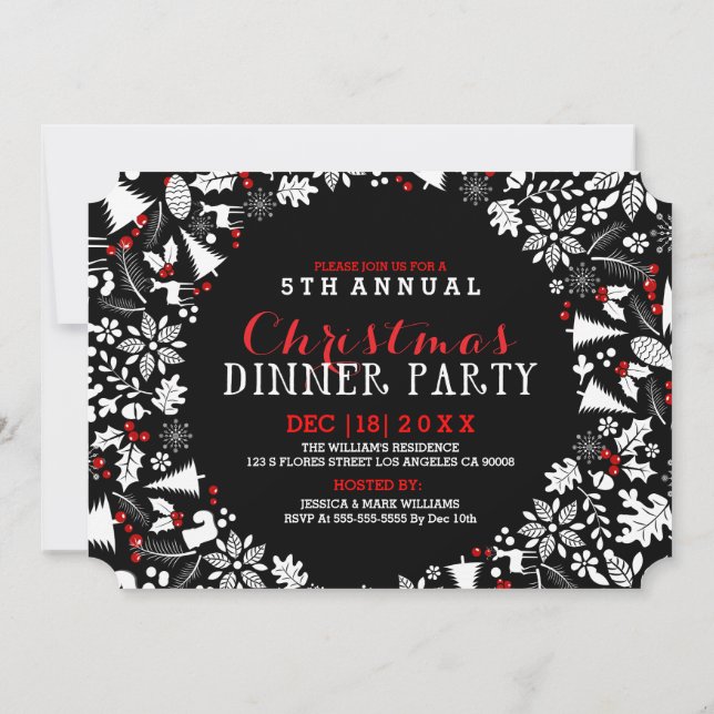 White & Black Christmas Wreath Party Invitation (Back)