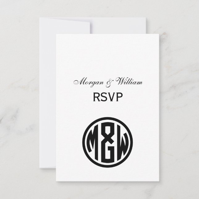 White Black Circle Monogram Font DIY BG RSVP Card (Front)