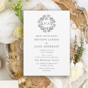 White Black Classic Floral Monogram Wedding Invita Invitation