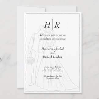 White Black Classic Monogram Elegant Clean Wedding Invitation